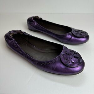 Tory Burch Reva Ballet Flats Women's 6.5 Shoes Metallic Mirror Purple Leather